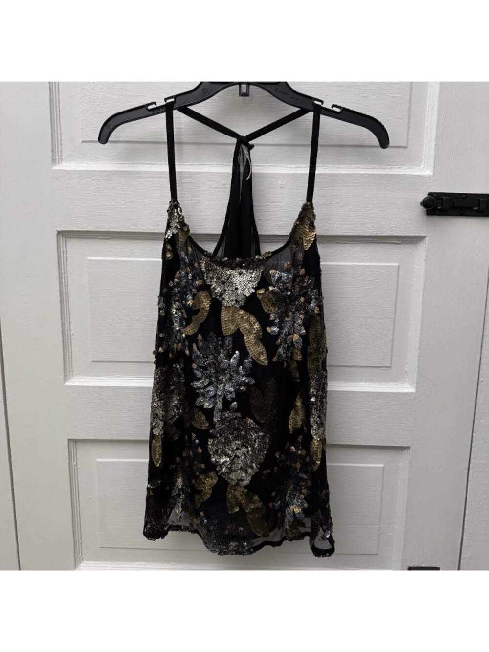 BB Dakota Felicity Floral Sequin Tank Top XS Black Gold Silver Tie Back